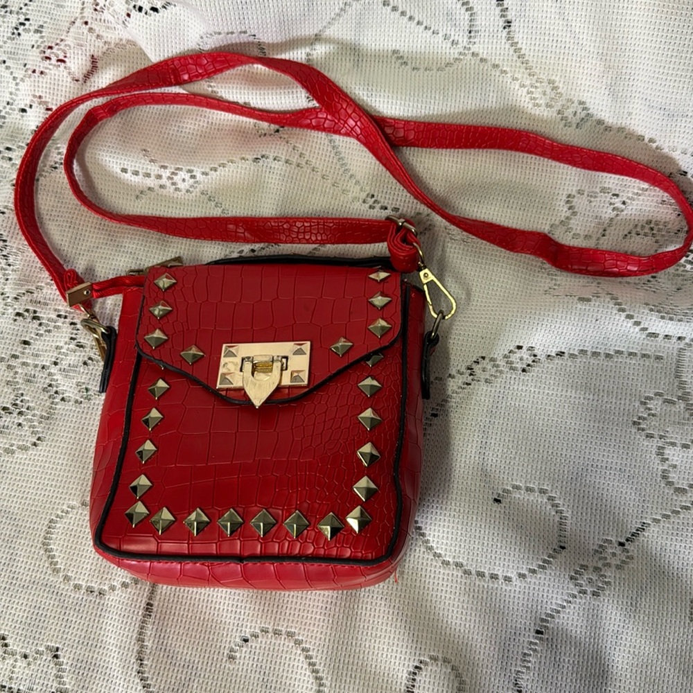 Red Crossbody Studded Faux Leather Handbag